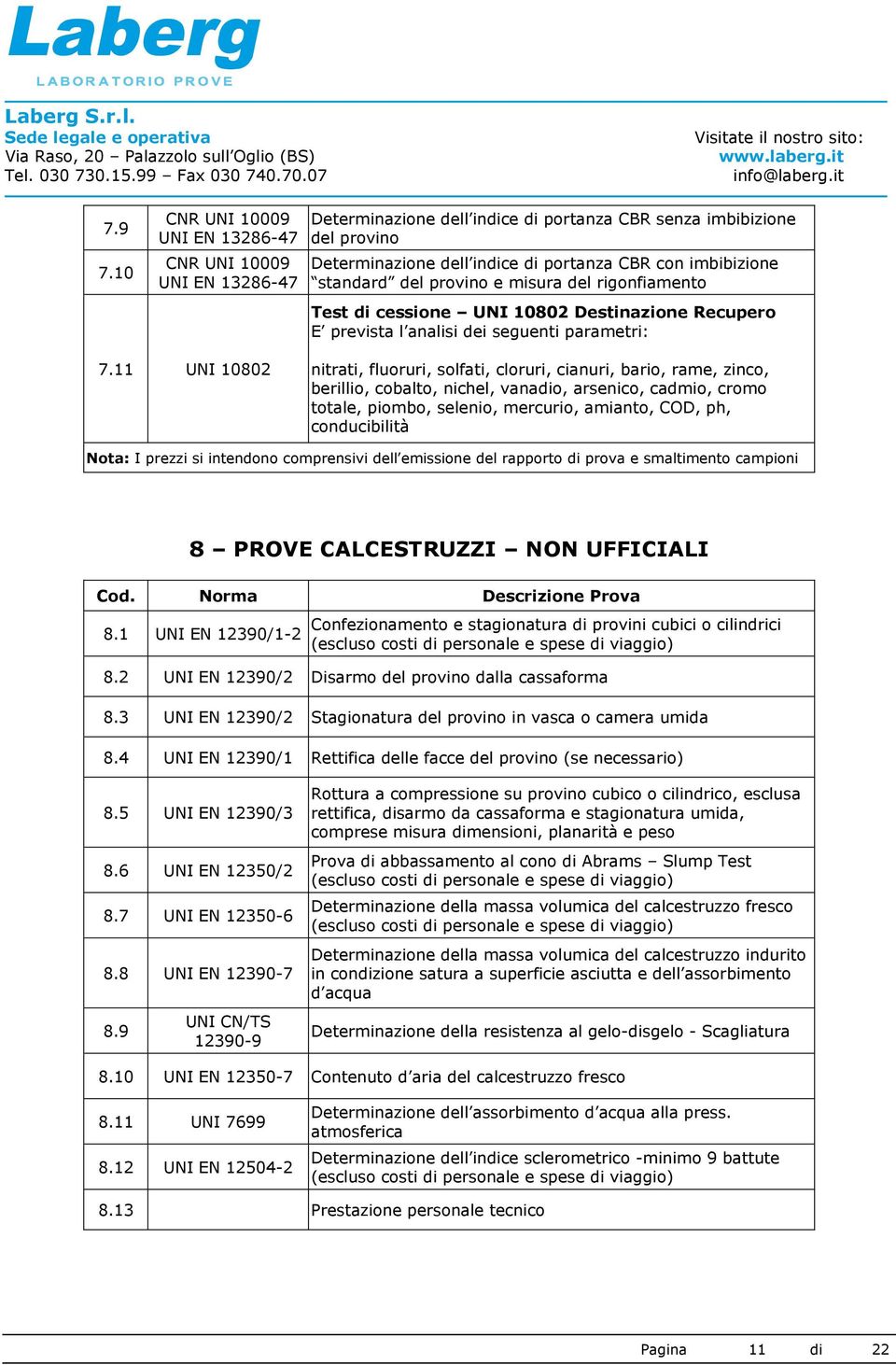 standard del provino e misura del rigonfiamento Test di cessione UNI 10802 Destinazione Recupero E prevista l analisi dei seguenti parametri: 7.