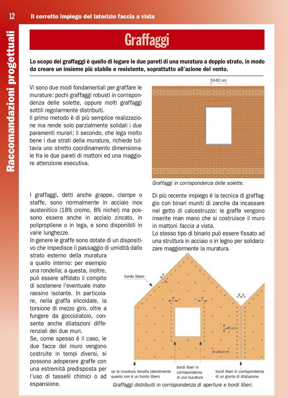 Vi sono due modi fondamentali per graffare le murature: pochi graffaggi robusti in corrispondenza delle solette, oppure molti graffaggi sottili regolarmente distribuiti.