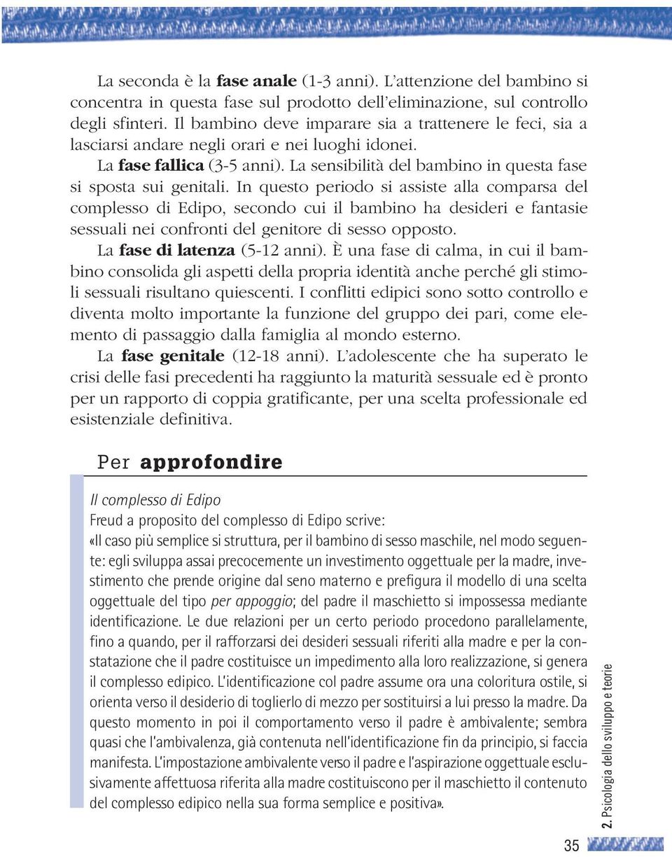 In questo periodo si assiste alla comparsa del complesso di Edipo, secondo cui il bambino ha desideri e fantasie sessuali nei confronti del genitore di sesso opposto. La fase di latenza (5-12 anni).