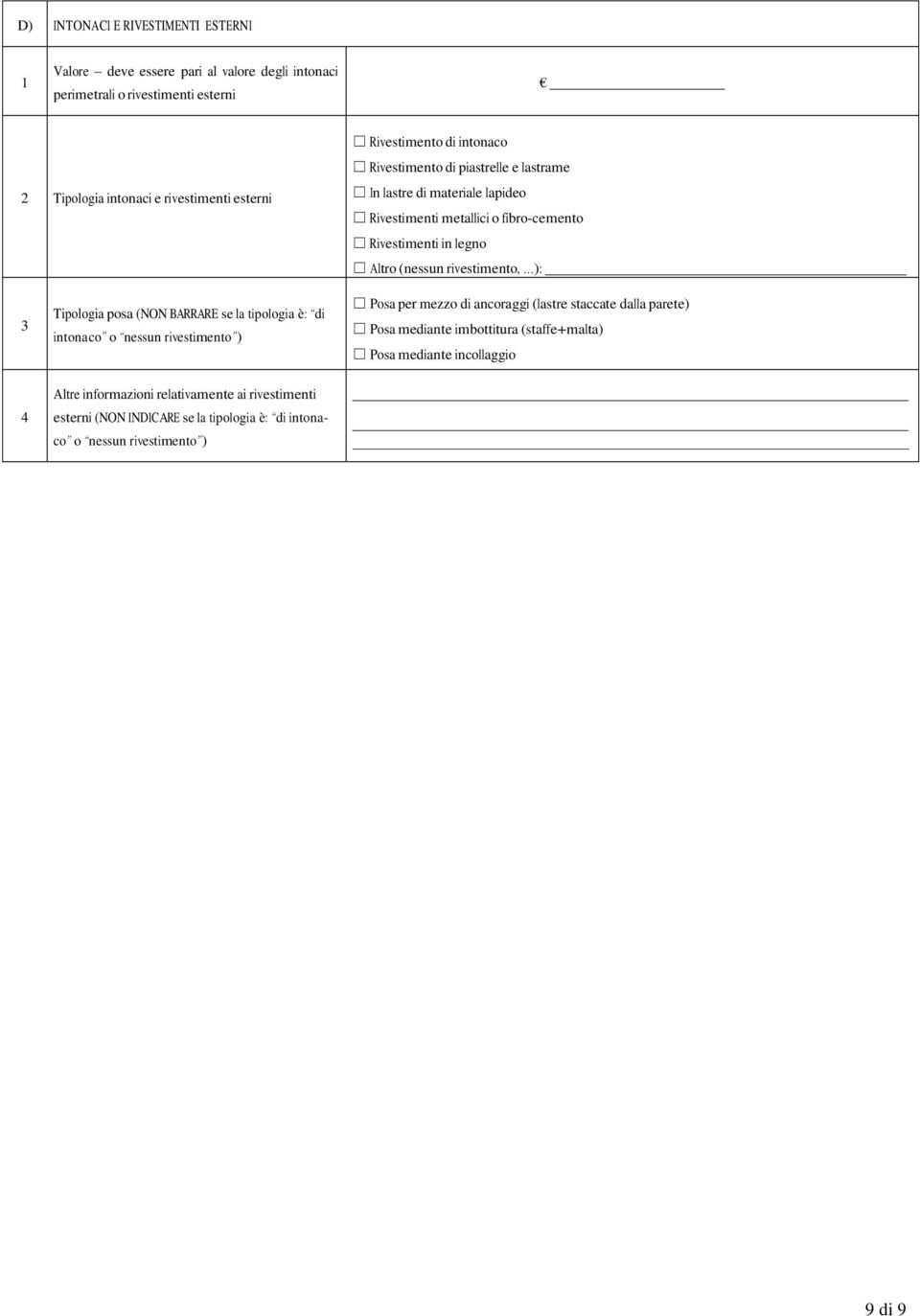 rivestimento, ): 3 Tipologia posa (N BARRARE se la tipologia è: di intonaco o nessun rivestimento ) Posa per mezzo di ancoraggi (lastre staccate dalla parete) Posa mediante