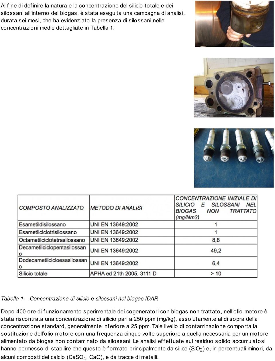 con biogas non trattato, nell olio motore è stata riscontrata una concentrazione di silicio pari a 250 ppm (mg/kg), assolutamente al di sopra della concentrazione standard, generalmente inf eriore a