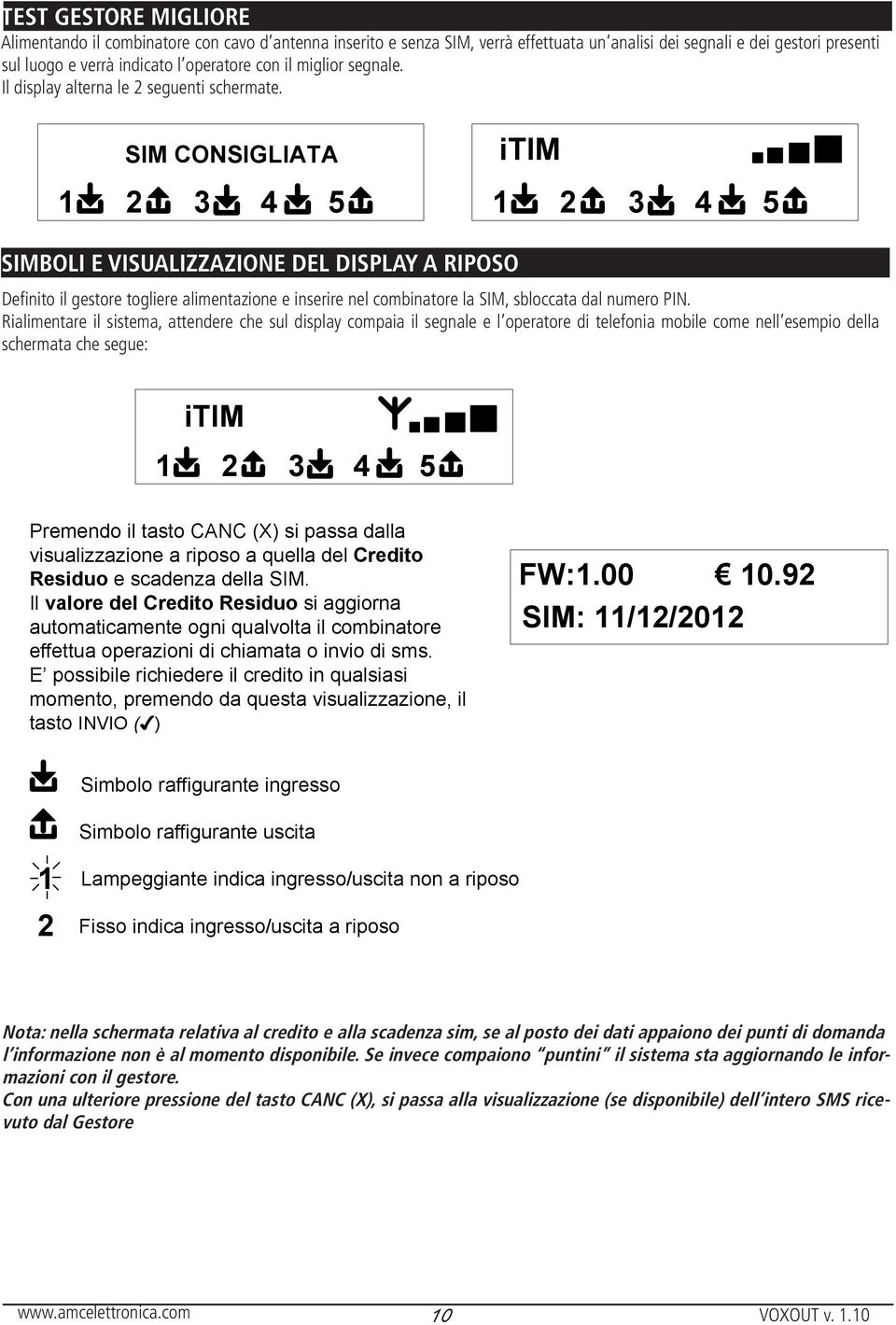 SIM CONSIGLIATA 1 2 3 4 5 itim 1 2 3 4 5 SIMBOLI E VISUALIZZAZIONE DEL DISPLAY A RIPOSO Definito il gestore togliere alimentazione e inserire nel combinatore la SIM, sbloccata dal numero PIN.