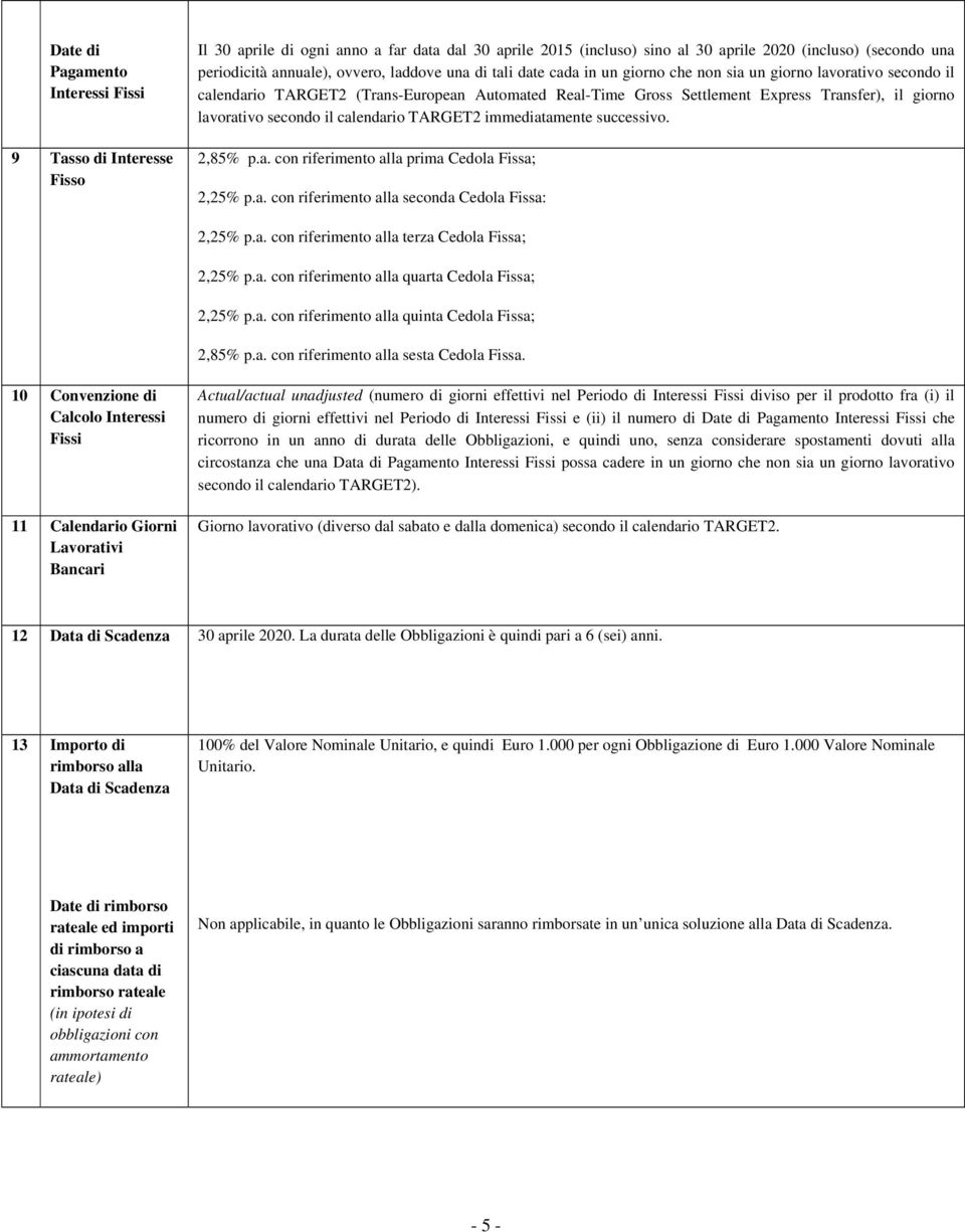 lavorativo secondo il calendario TARGET2 immediatamente successivo. 2,85% p.a. con riferimento alla prima Cedola Fissa; 2,25% p.a. con riferimento alla seconda Cedola Fissa: 2,25% p.a. con riferimento alla terza Cedola Fissa; 2,25% p.