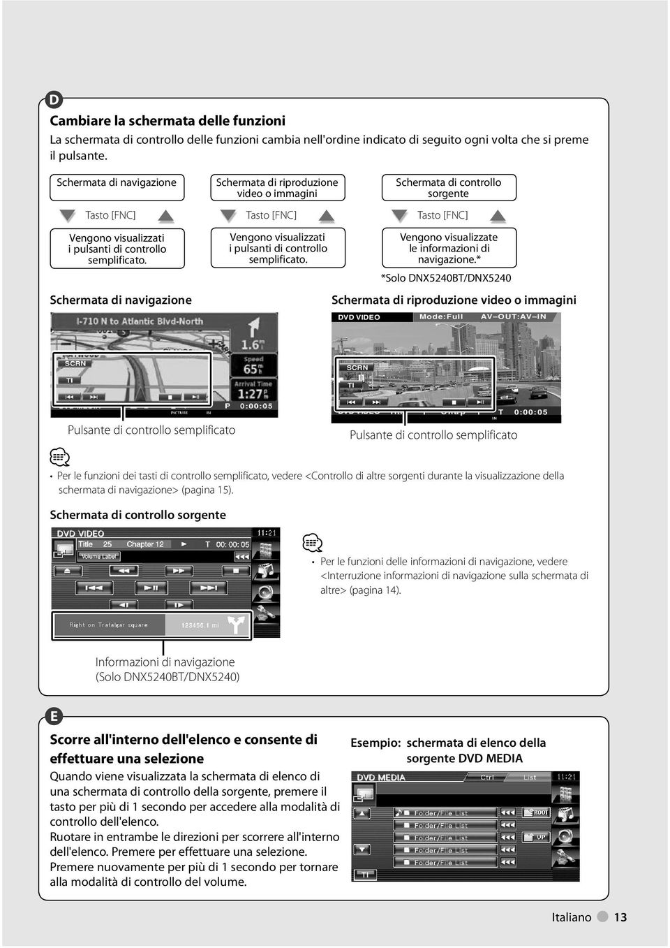 Schermata di navigazione Schermata di riproduzione video o immagini Tasto [FNC] Vengono visualizzati i pulsanti di controllo semplificato.