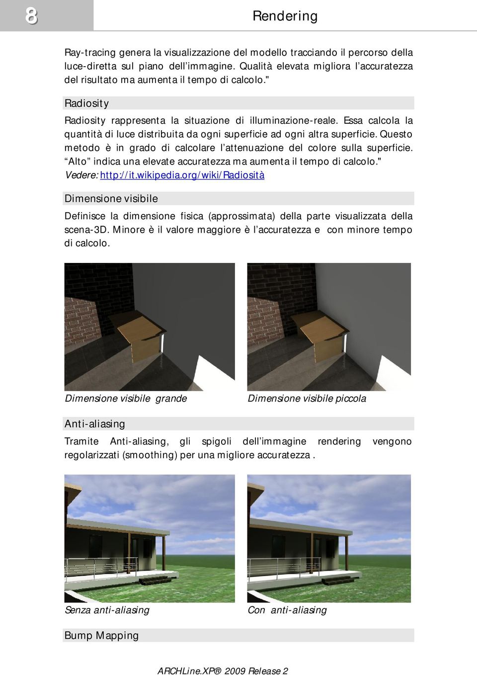 Essa calcola la quantità di luce distribuita da ogni superficie ad ogni altra superficie. Questo metodo è in grado di calcolare l attenuazione del colore sulla superficie.