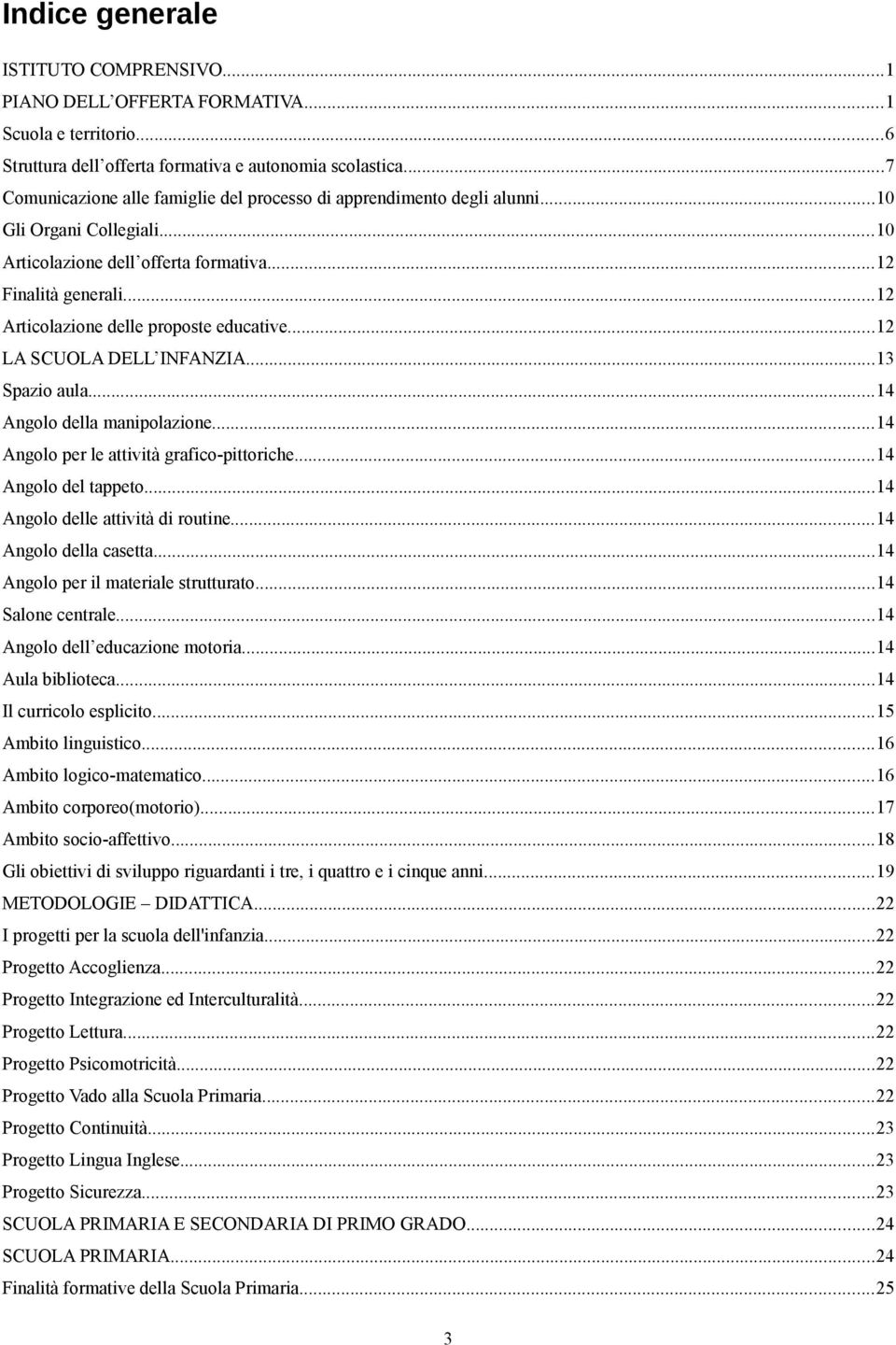 ..12 Articolazione delle proposte educative...12 LA SCUOLA DELL INFANZIA...13 Spazio aula...14 Angolo della manipolazione...14 Angolo per le attività grafico-pittoriche...14 Angolo del tappeto.