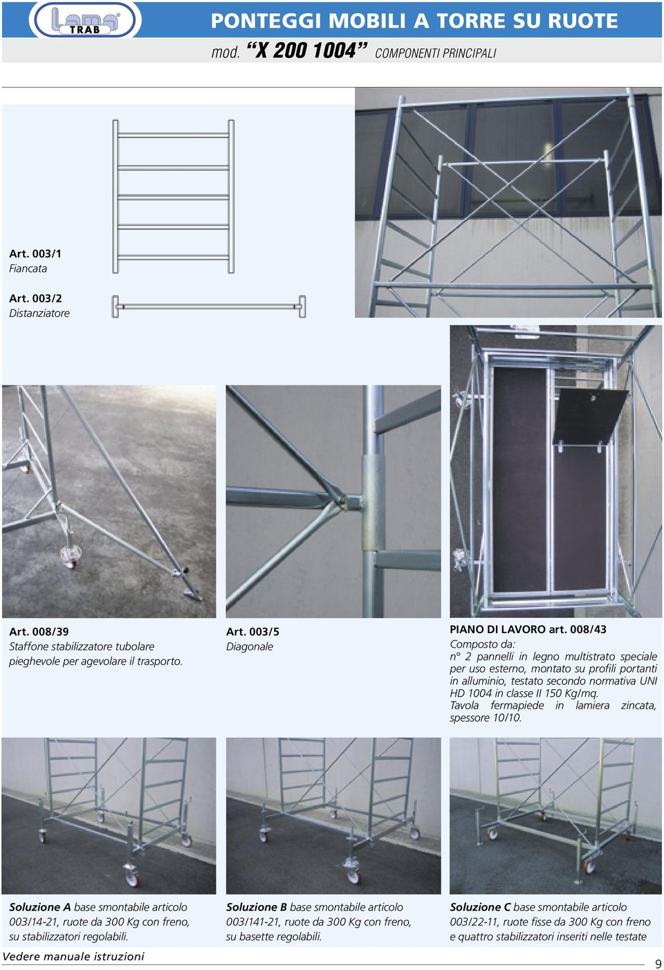 Tavola fermapiede in lamiera zincata, spessore 10/10. Soluzione A base smontabile articolo 003/14-21, ruote da 300 Kg con freno, su stabilizzatori regolabili.