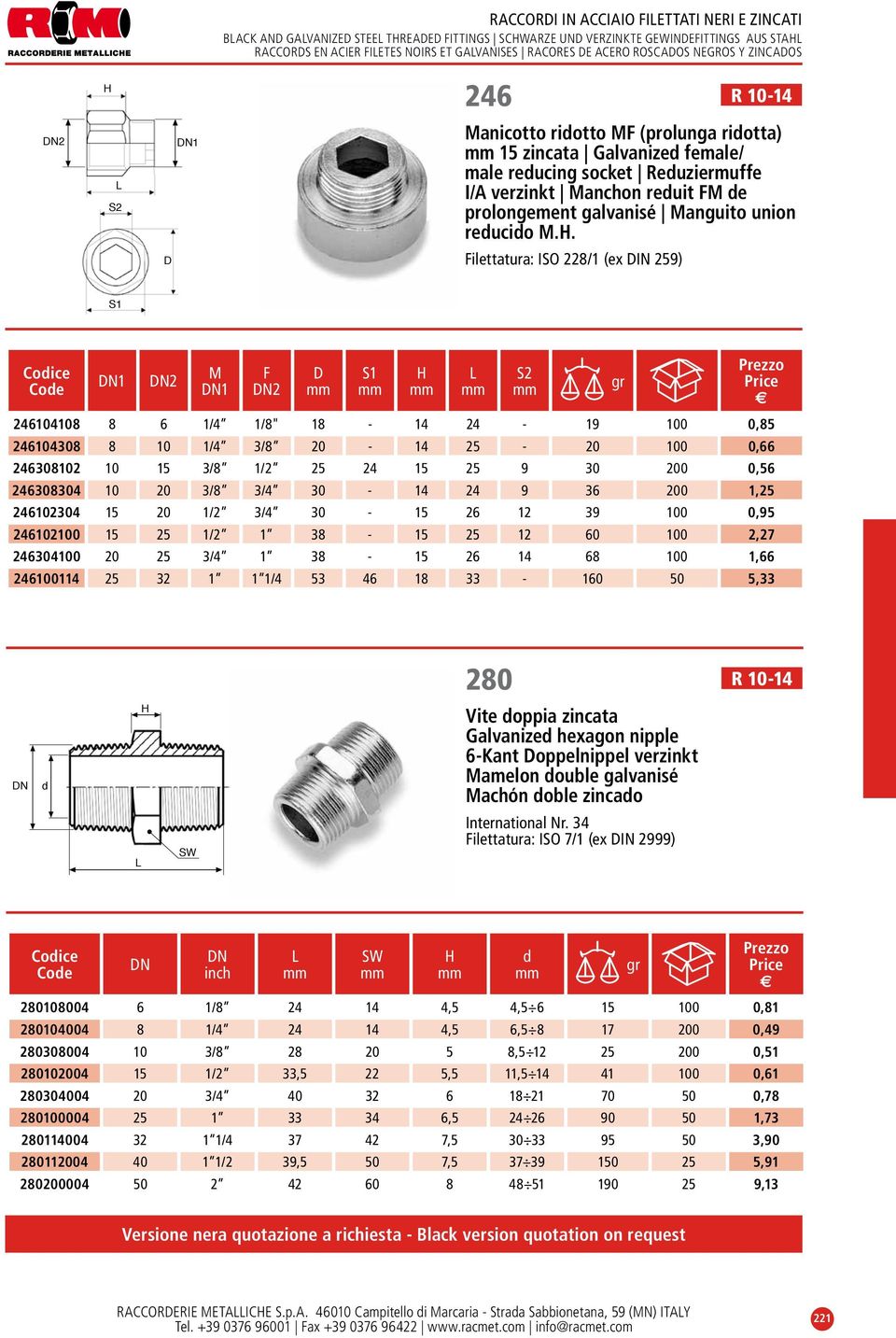 M.H. Filettatura: IO 228/1 (ex IN 259) 1 1 2 M 1 F 2 1 H 2 gr Price 246104108 8 6 1/4 1/8" 18-14 24-19 100 0,85 246104308 8 10 1/4 3/8 20-14 25-20 100 0,66 246308102 10 15 3/8 1/2 25 24 15 25 9 30