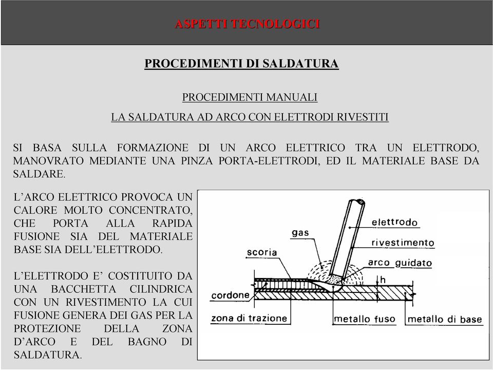 L ARCO ELETTRICO PROVOCA UN CALORE MOLTO CONCENTRATO, CHE PORTA ALLA RAPIDA FUSIONE SIA DEL MATERIALE BASE SIA DELL ELETTRODO.