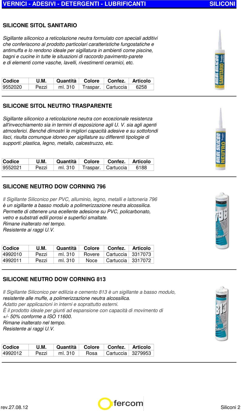 310 Traspar. Cartuccia 6258 SILICONE SITOL NEUTRO TRASPARENTE Sigillante siliconico a reticolazione neutra con eccezionale resistenza all'invecchiamento sia in termini di esposizione agli U. V.