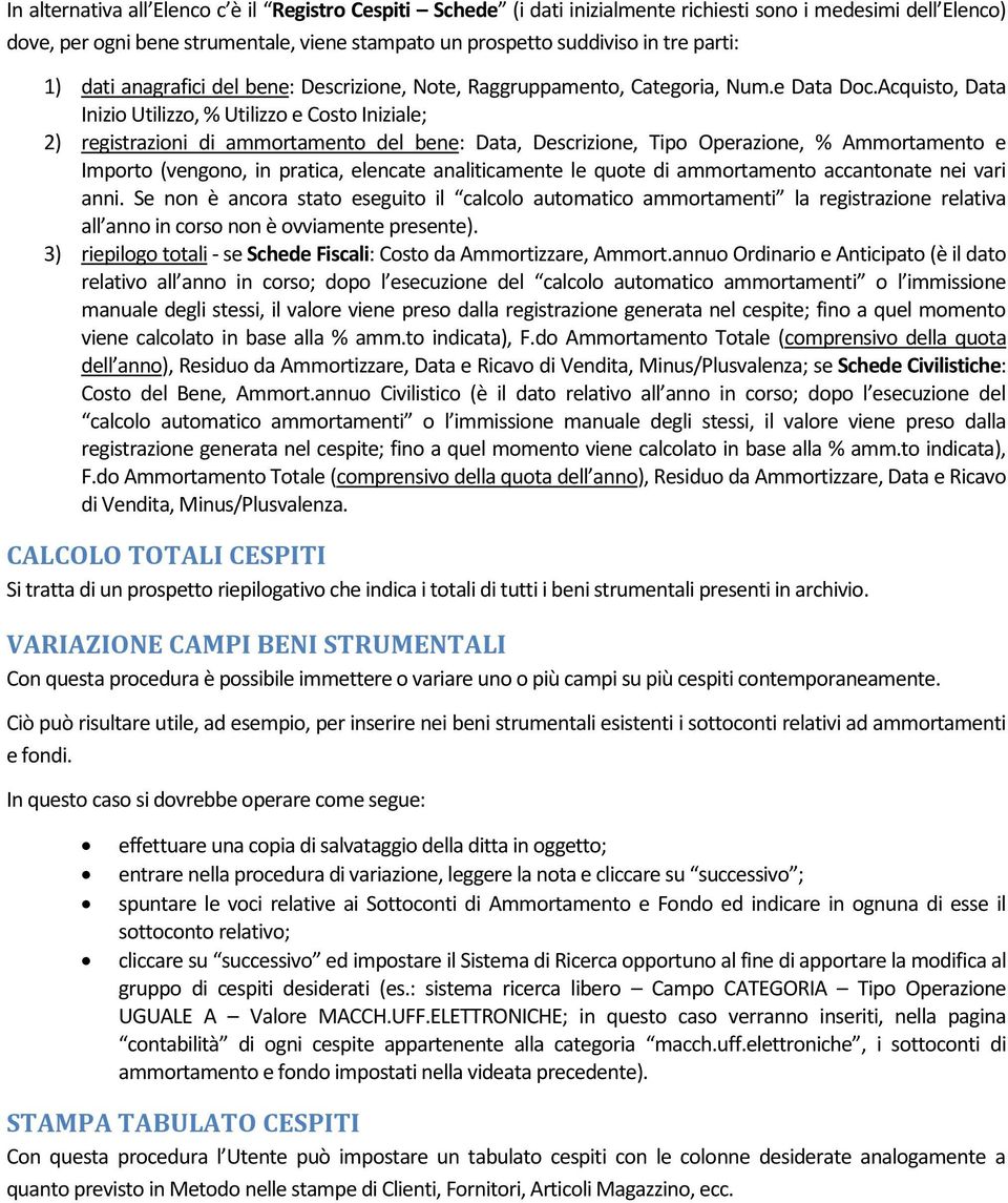 Acquisto, Data Inizio Utilizzo, % Utilizzo e Costo Iniziale; 2) registrazioni di ammortamento del bene: Data, Descrizione, Tipo Operazione, % Ammortamento e Importo (vengono, in pratica, elencate