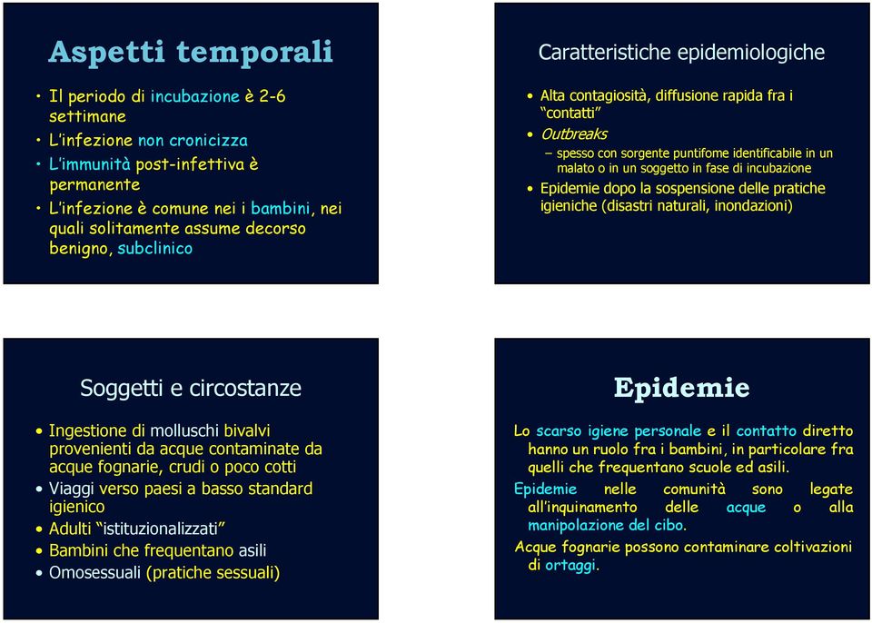 incubazione Epidemie dopo la sospensione delle pratiche igieniche (disastri naturali, inondazioni) Soggetti e circostanze Ingestione di molluschi bivalvi provenienti da acque contaminate da acque