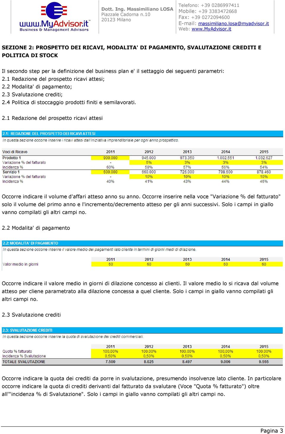 Occorre inserire nella voce "Variazione % del fatturato" solo il volume del primo anno e l'incremento/decremento atteso per gli anni successivi. Solo i campi in giallo vanno 2.