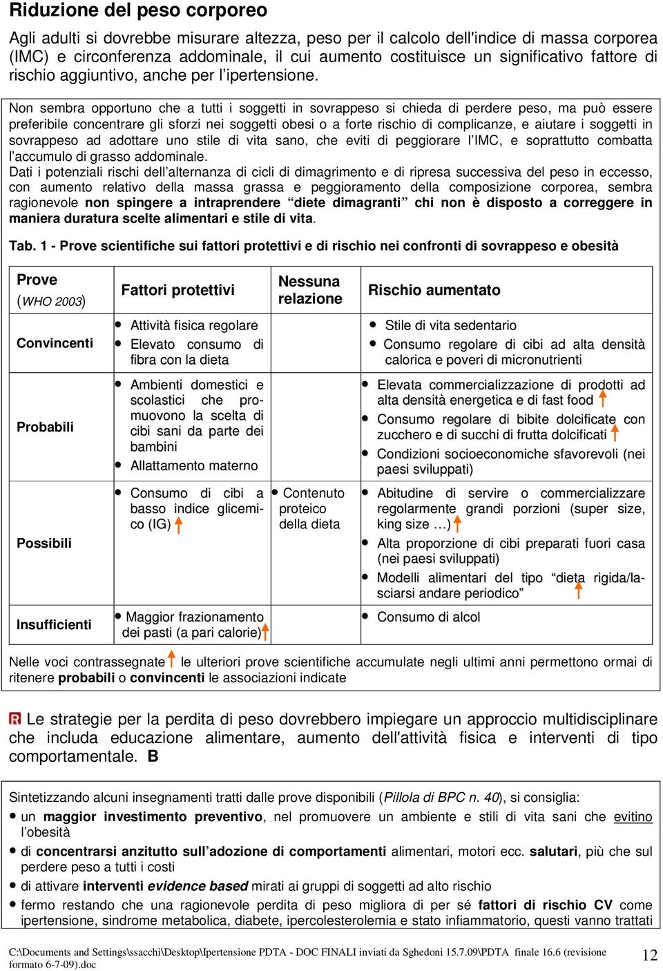 Non sembra opportuno che a tutti i soggetti in sovrappeso si chieda di perdere peso, ma può essere preferibile concentrare gli sforzi nei soggetti obesi o a forte rischio di complicanze, e aiutare i