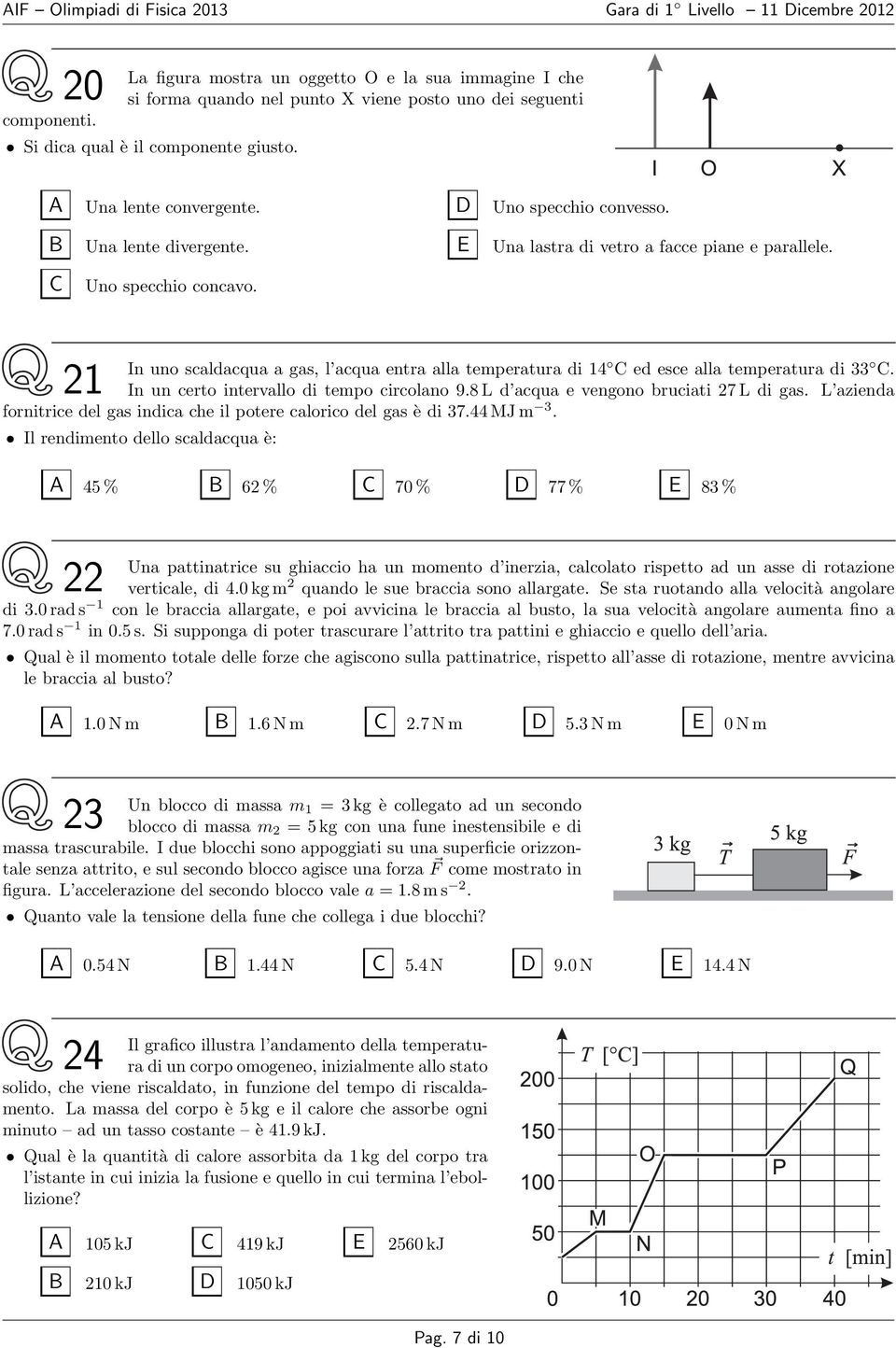 Una lente divergente. Una lastra di vetro a facce piane e parallele. Uno specchio concavo. 21 In uno scaldacqua a gas, l acqua entra alla temperatura di 14 ed esce alla temperatura di 33.