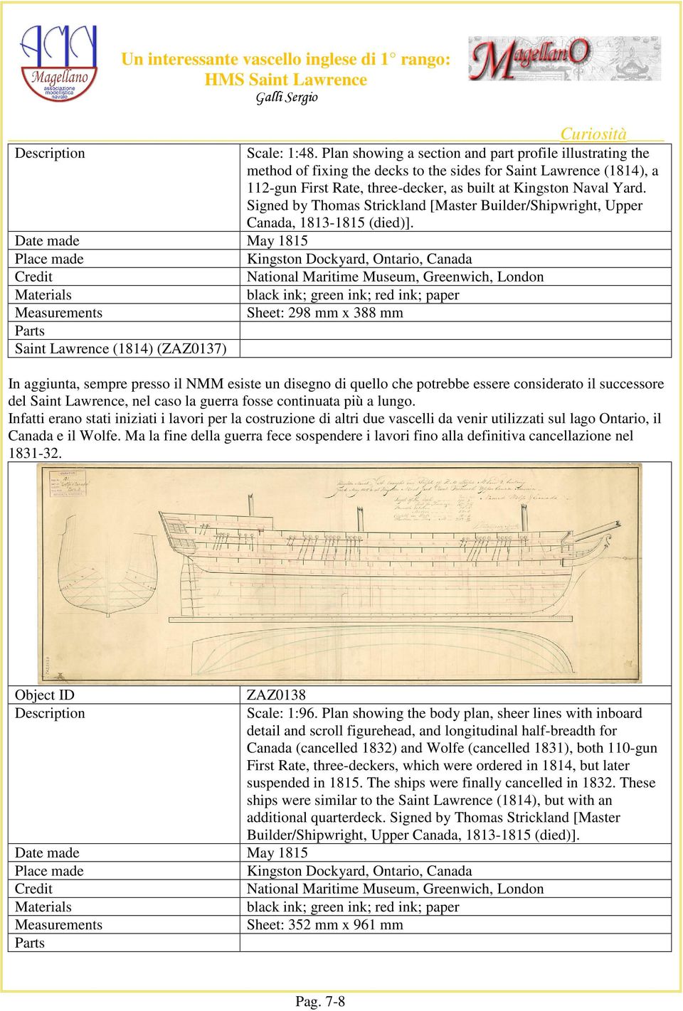 Signed by Thomas Strickland [Master Builder/Shipwright, Upper Canada, 1813-1815 (died)].