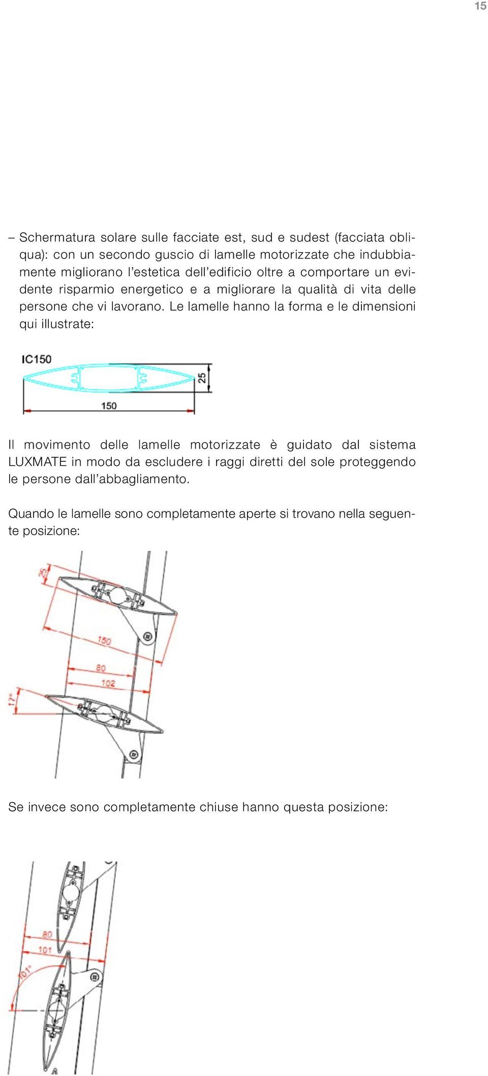 Le lamelle hanno la forma e le dimensioni qui illustrate: Il movimento delle lamelle motorizzate è guidato dal sistema LUXMATE in modo da escludere i raggi