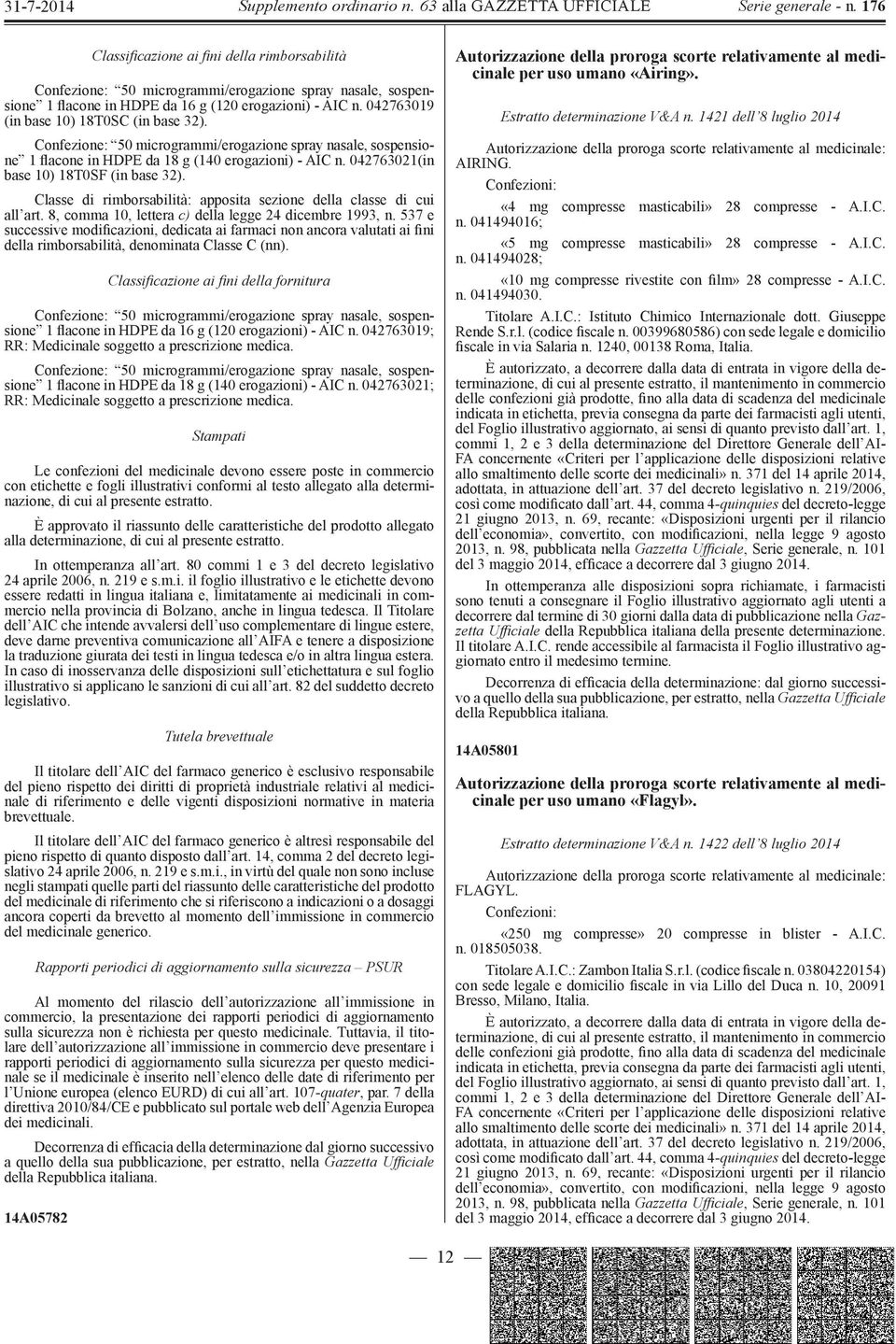 Classe di rimborsabilità: apposita sezione della classe di cui all art. 8, comma 10, lettera c) della legge 24 dicembre 1993, n.