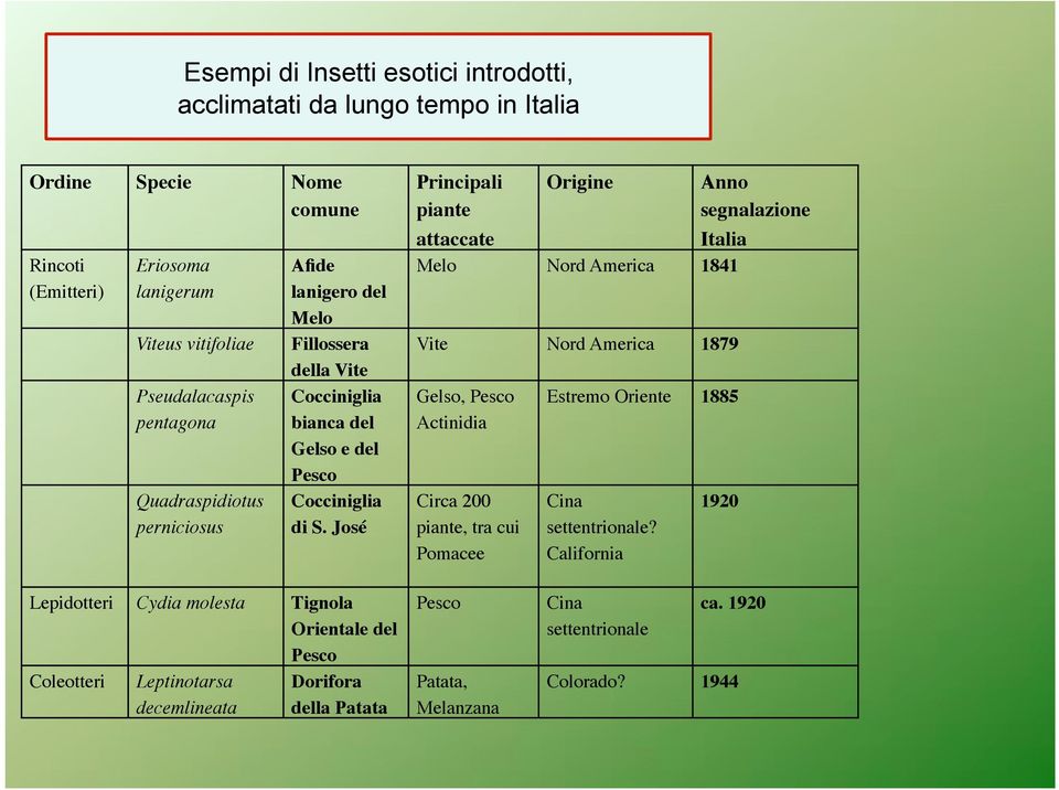 segnalazione Italia! Melo! Nord America! 1841! Vite! Nord America! 1879! Gelso, Pesco Actinidia! Circa 200 piante, tra cui Pomacee! Estremo Oriente! 1885! Cina settentrionale?! California!
