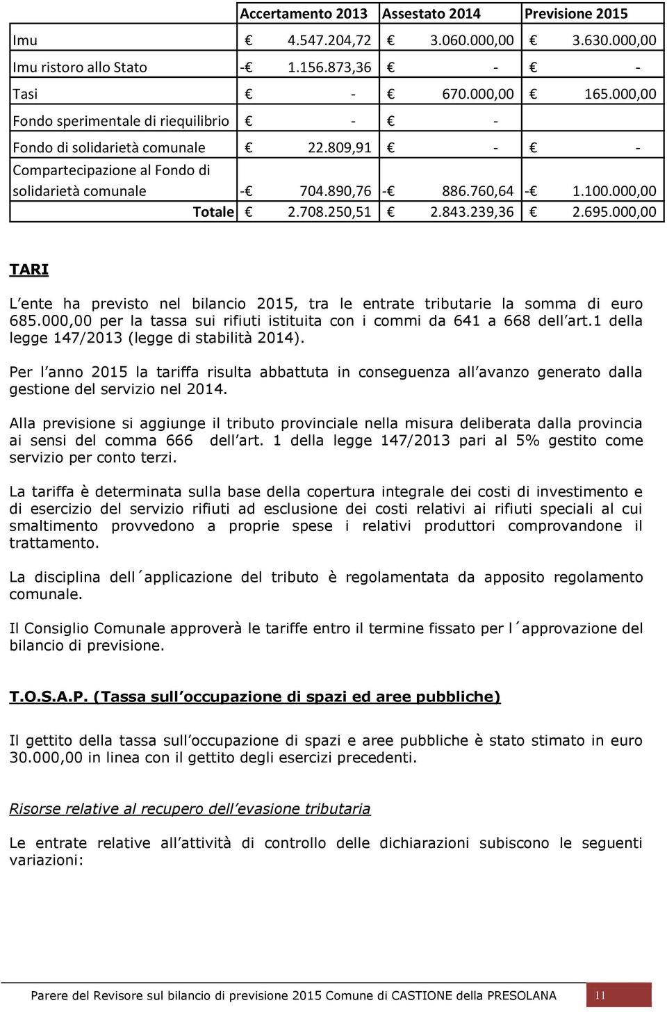 843.239,36 2.695.000,00 TARI L ente ha previsto nel bilancio 2015, tra le entrate tributarie la somma di euro 685.000,00 per la tassa sui rifiuti istituita con i commi da 641 a 668 dell art.