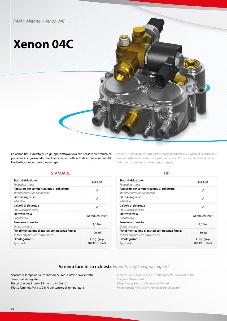 Xenon 04C is equipped with a brass body at reducer inlet, where it is installed a solenoid valve and an electronic pressure sensor.