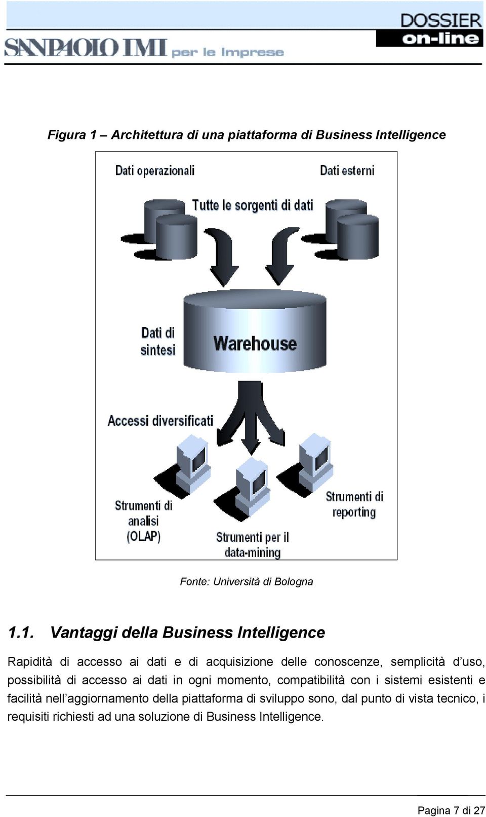 1. Vantaggi della Business Intelligence Rapidità di accesso ai dati e di acquisizione delle conoscenze, semplicità d