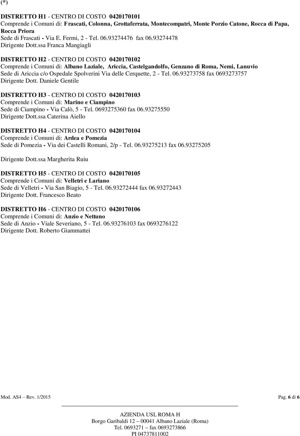 ssa Franca Mangiagli DISTRETTO H2 - CENTRO DI COSTO 0420170102 Comprende i Comuni di: Albano Laziale, Ariccia, Castelgandolfo, Genzano di Roma, Nemi, Lanuvio Sede di Ariccia c/o Ospedale Spolverini