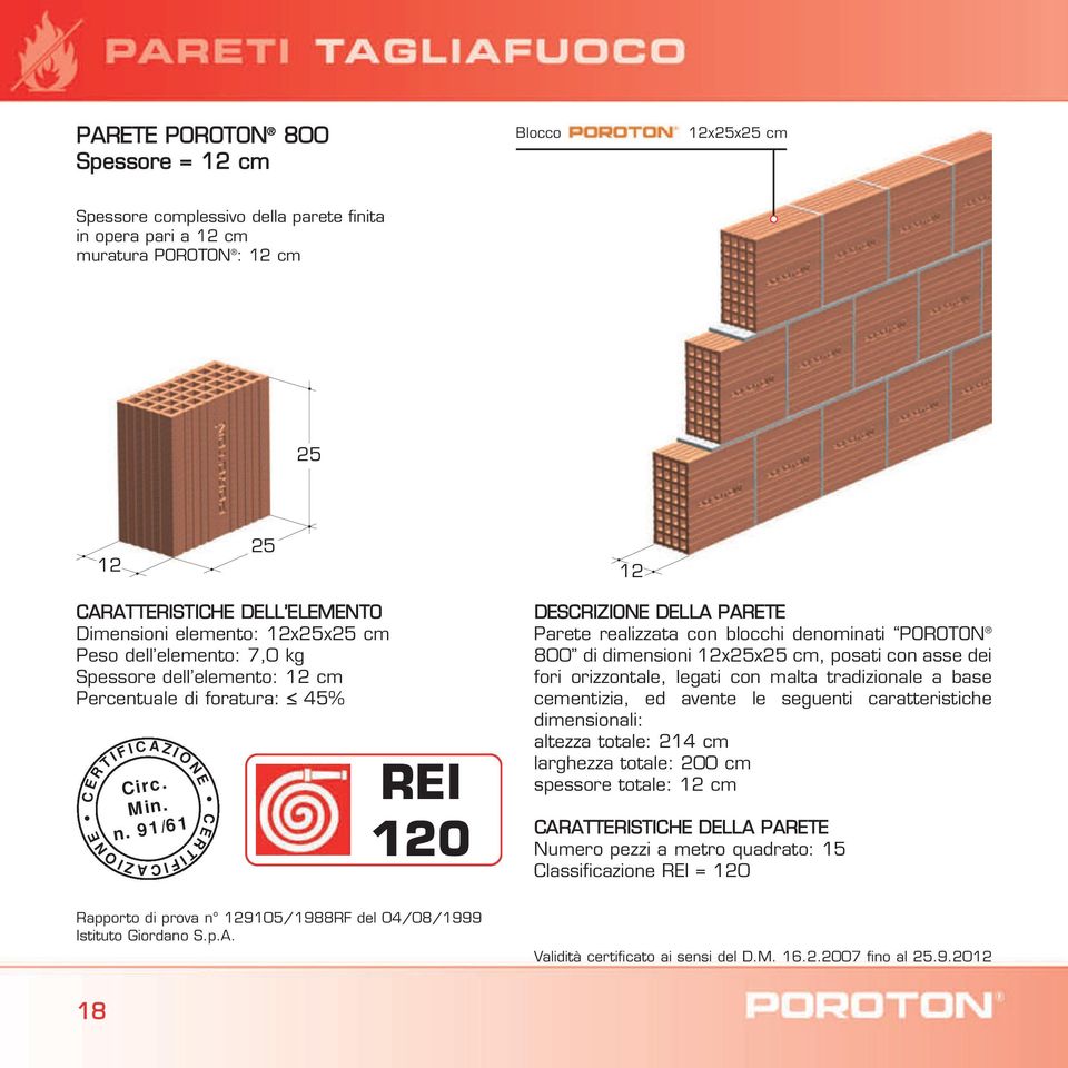 91/61 REI 120 DESCRIZIONE DELLA PARETE Parete realizzata con blocchi denominati POROTON 800 di dimensioni 12x25x25 cm, posati con asse dei fori orizzontale, legati con malta tradizionale a base