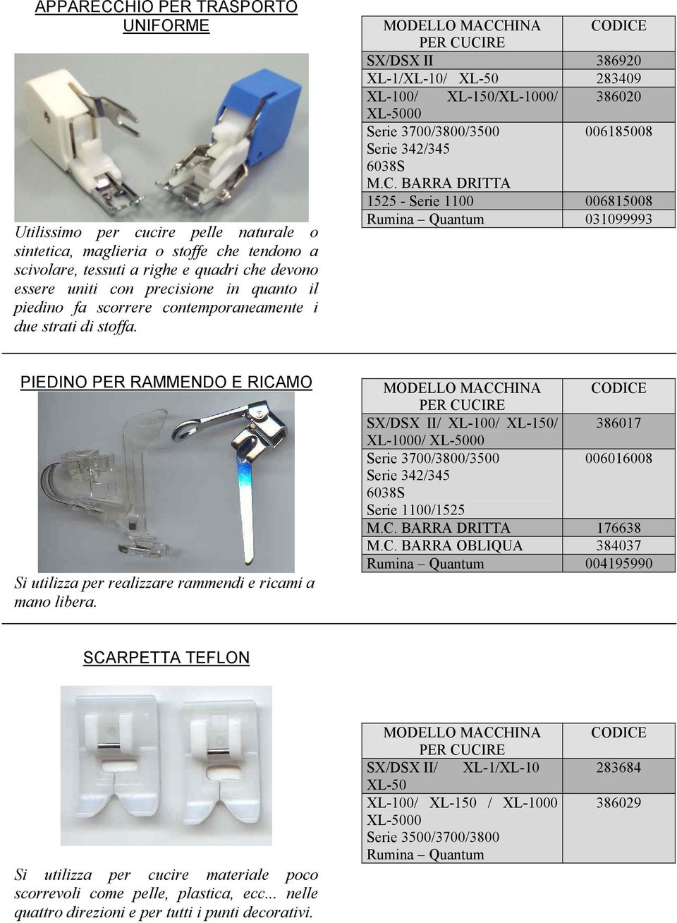 C. BARRA DRITTA 1525 - Serie 1100 006815008 Rumina Quantum 031099993 PIEDINO PER RAMMENDO E RICAMO Si utilizza per realizzare rammendi e ricami a mano libera.