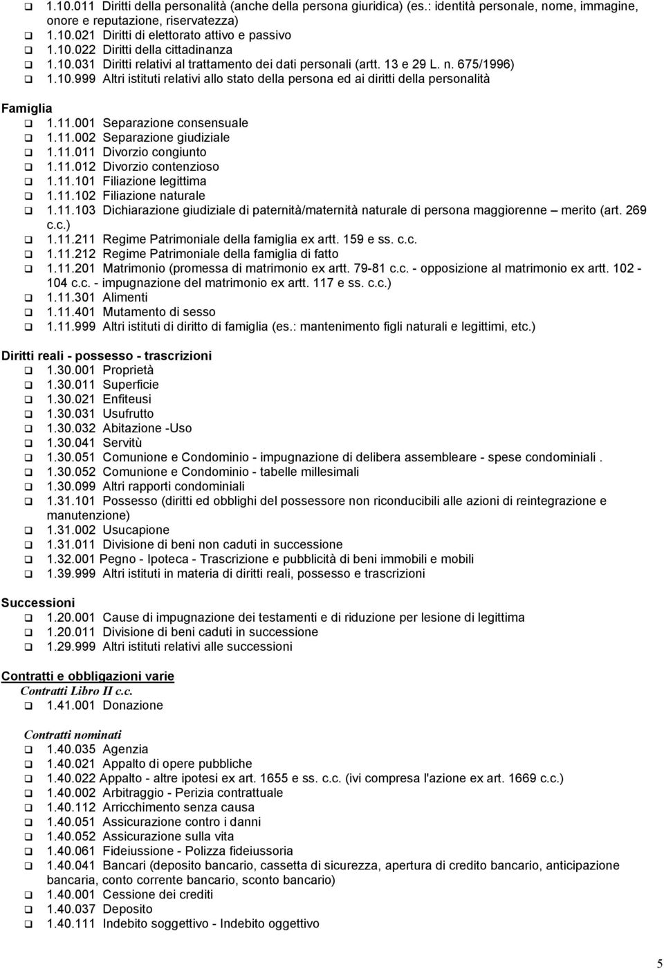 001 Separazione consensuale 1.11.002 Separazione giudiziale 1.11.011 Divorzio congiunto 1.11.012 Divorzio contenzioso 1.11.101 Filiazione legittima 1.11.102 Filiazione naturale 1.11.103 Dichiarazione giudiziale di paternità/maternità naturale di persona maggiorenne merito (art.
