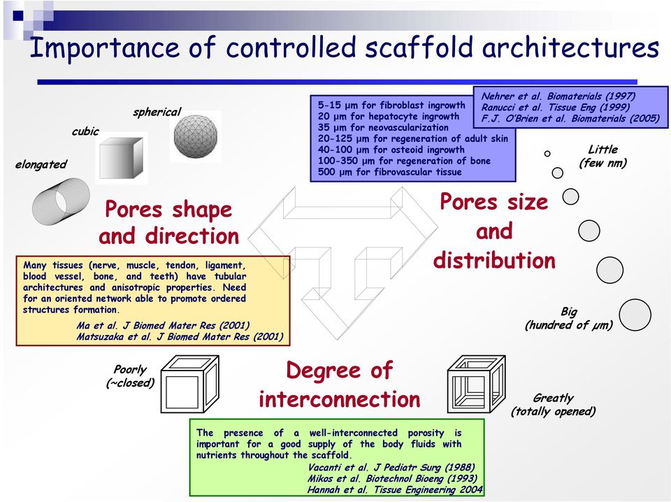 J Biomed Mater Res (2001) 5-15 μm for fibroblast ingrowth 20 μm for hepatocyte ingrowth 35 μm for neovascularization 20-125 μm for regeneration of adult skin 40-100 μm for osteoid ingrowth 100-350 μm
