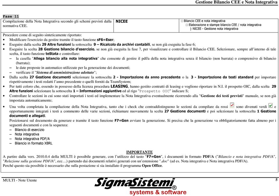 funzione sf6=eser; Eseguire dalla scelta 29 Altre funzioni la sottoscelta 9 Ricalcolo da archivi contabili, se non già eseguita la fase 6; Eseguire la scelta 28 Gestione bilancio d esercizio, se non