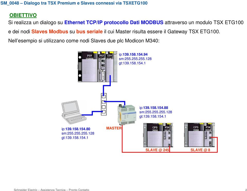 Gateway TSX ETG100. Nell esempio si utilizzano come nodi Slaves due plc Modicon M340: ip:139.