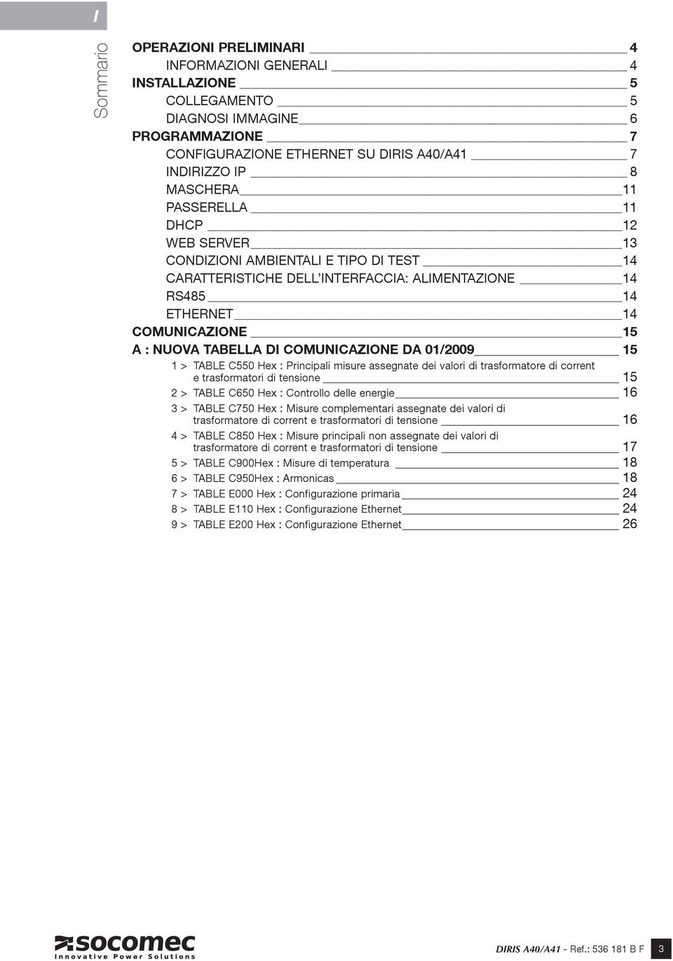 DA 01/2009 15 1 > TABLE C550 Hex : Principali misure assegnate dei valori di trasformatore di corrent e trasformatori di tensione 15 2 > TABLE C650 Hex : Controllo delle energie 16 3 > TABLE C750 Hex