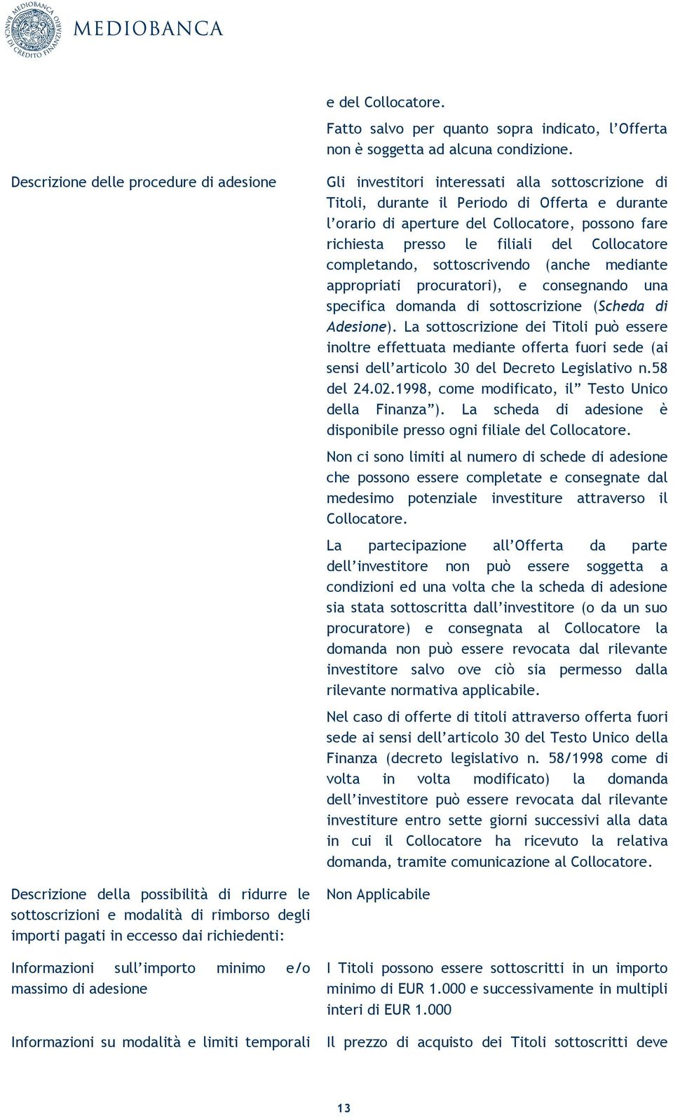 minimo e/o massimo di adesione Informazioni su modalità e limiti temporali Gli investitori interessati alla sottoscrizione di Titoli, durante il Periodo di Offerta e durante l orario di aperture del