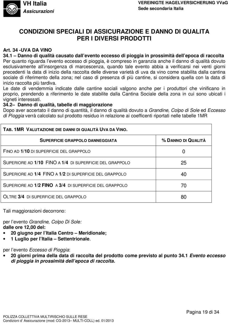 esclusivamente all insorgenza di marcescenza, quando tale evento abbia a verificarsi nei venti giorni precedenti la data di inizio della raccolta delle diverse varietà di uva da vino come stabilita