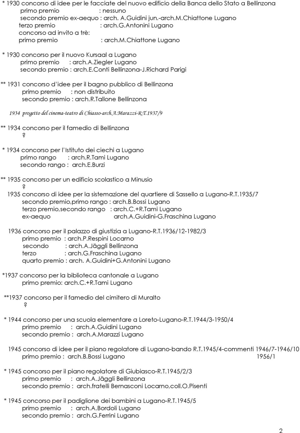 Richard Parigi ** 1931 concorso d idee per il bagno pubblico di Bellinzona primo premio : non distribuito secondo premio : arch.r.tallone Bellinzona 1934 progetto del cinema-teatro di Chiasso-arch.A.