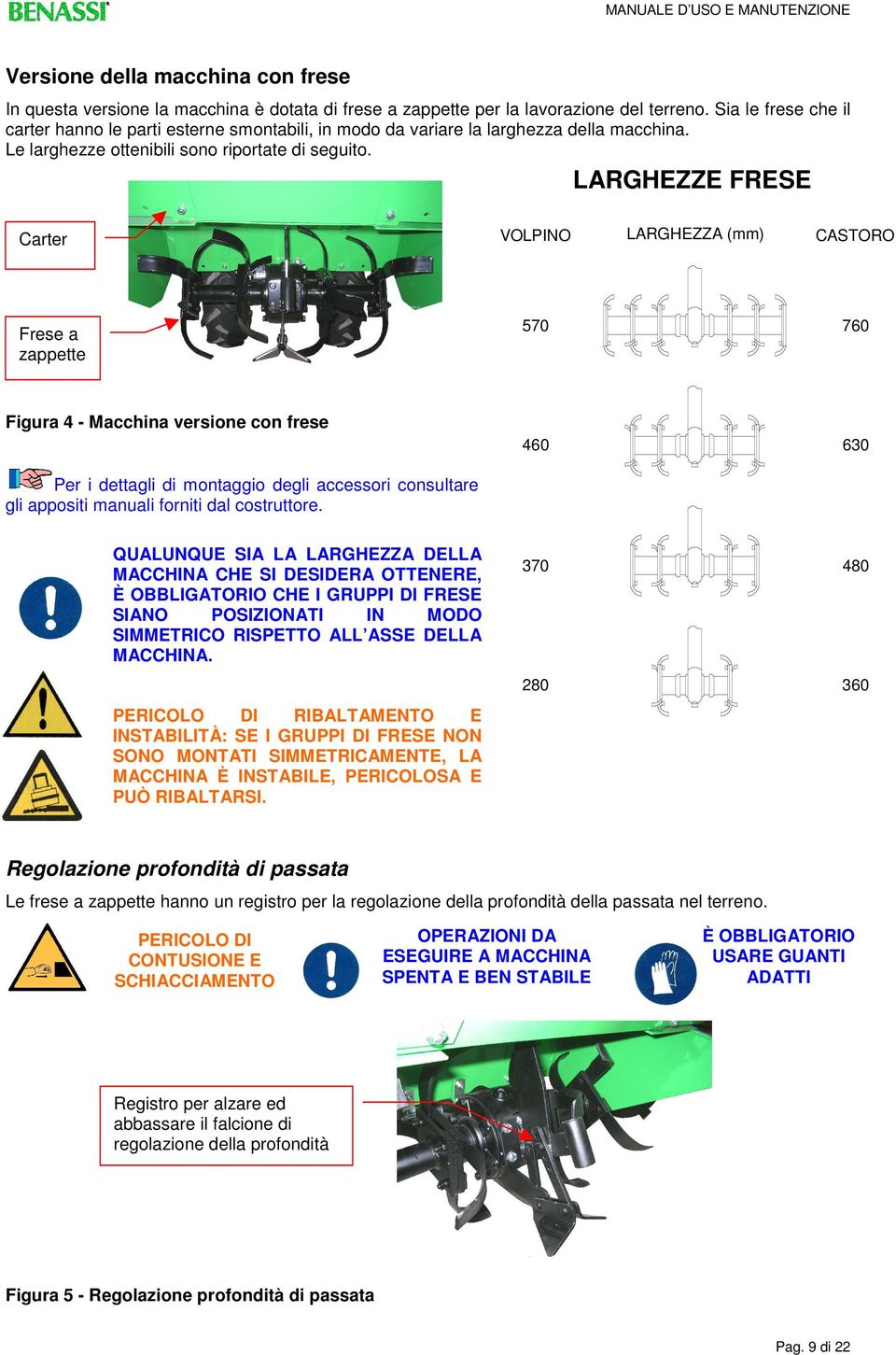 LARGHEZZE FRESE Carter VOLPINO LARGHEZZA (mm) CASTORO Frese a zappette 570 760 Figura 4 - Macchina versione con frese 460 630 Per i dettagli di montaggio degli accessori consultare gli appositi