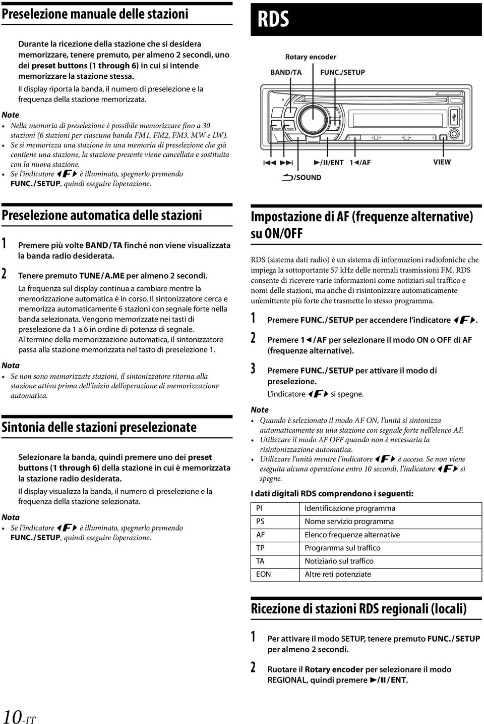 Nella memoria di preselezione è possibile memorizzare fino a 30 stazioni (6 stazioni per ciascuna banda FM1, FM2, FM3, MW e LW).