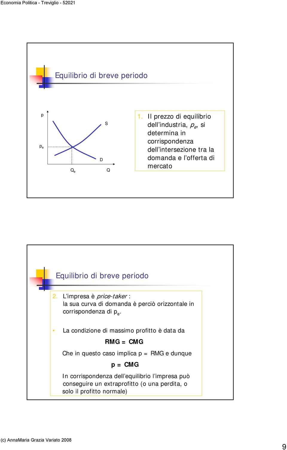 Equilibrio di breve periodo 2. L impresa è price-taker : la sua curva di domanda è perciò orizzontale in corrispondenza di p e.