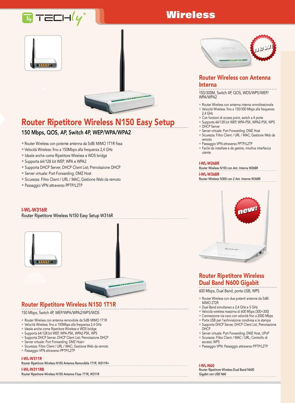 DMZ Host Sicurezza: Filtro Client / URL / MAC; Gestione Web da remoto Passaggio VPN attraverso PPTP/L2TP Router Wireless con Antenna Interna 150/300M, Switch 4P, QOS, WDS/WPS/WEP/ WPA/WPA2 Router