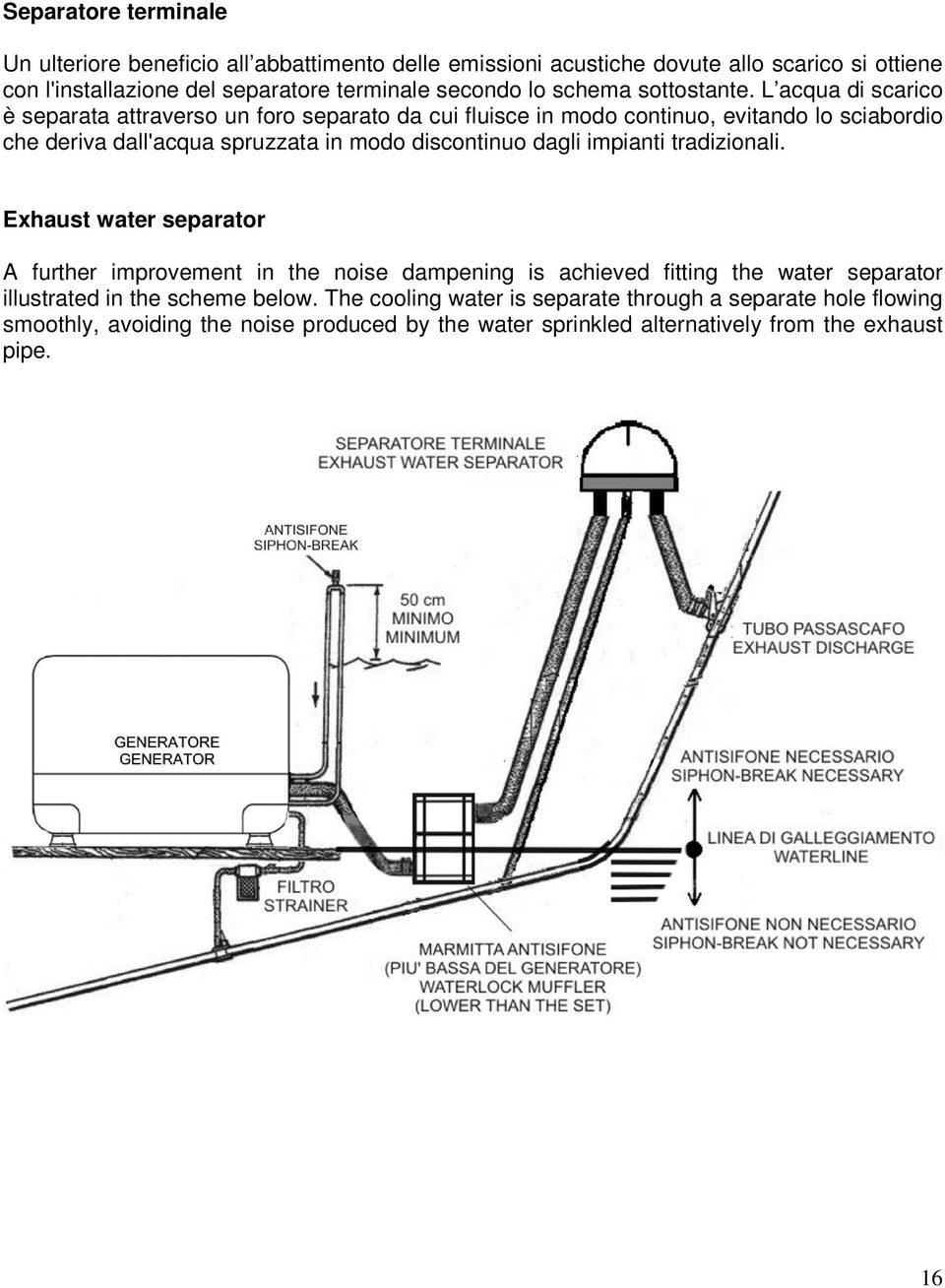 L acqua di scarico è separata attraverso un foro separato da cui fluisce in modo continuo, evitando lo sciabordio che deriva dall'acqua spruzzata in modo discontinuo dagli