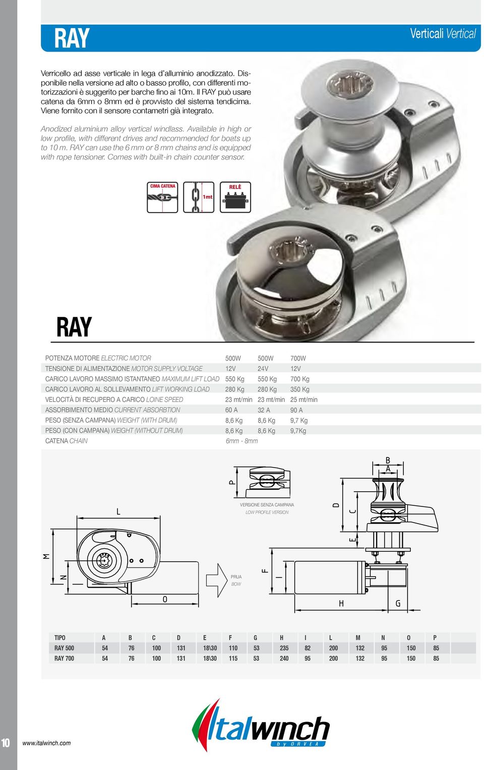 Viene fornito con il sensore contametri già integrato. Anodized aluminium alloy vertical windlass. Available in high or low profile, with different drives and recommended for boats up to 10 m.