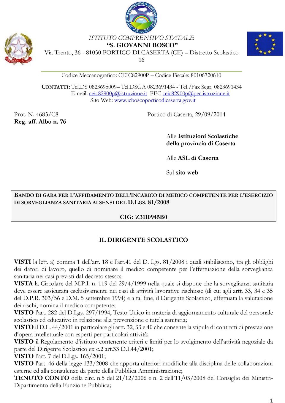 4683/C8 Portico di Caserta, 29/09/2014 Reg. aff. Albo n.