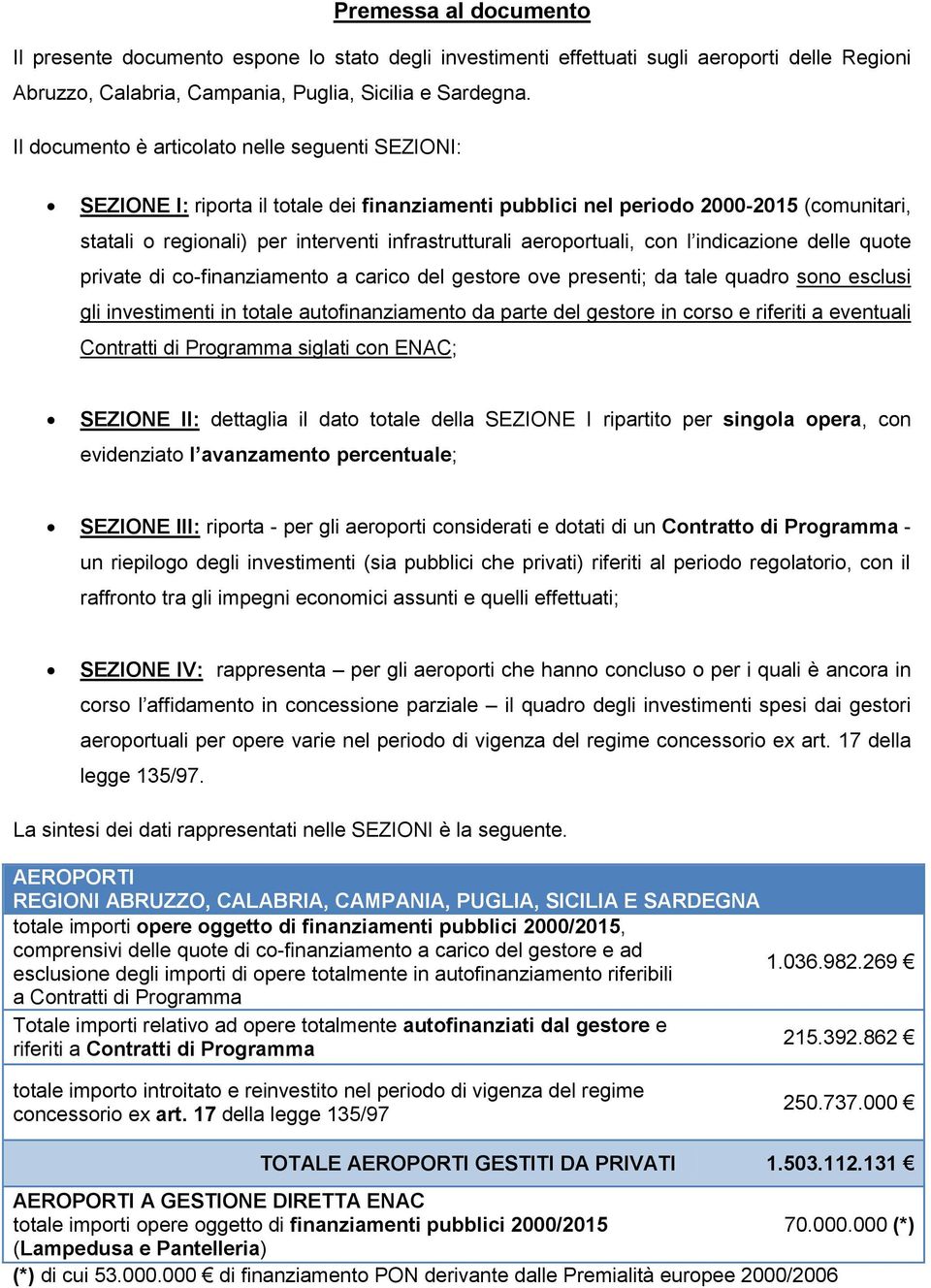 aeroportuali, con l indicazione delle quote private di co-finanziamento a carico del gestore ove presenti; da tale quadro sono esclusi gli investimenti in totale autofinanziamento da parte del