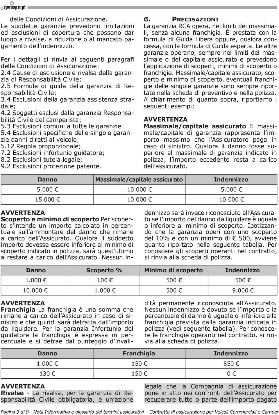 5 Formule di guida della garanzia di Responsabilità Civile; 3.4 Esclusioni della garanzia assistenza stradale; 4.2 Soggetti esclusi dalla garanzia Responsabilità Civile del camperista; 5.