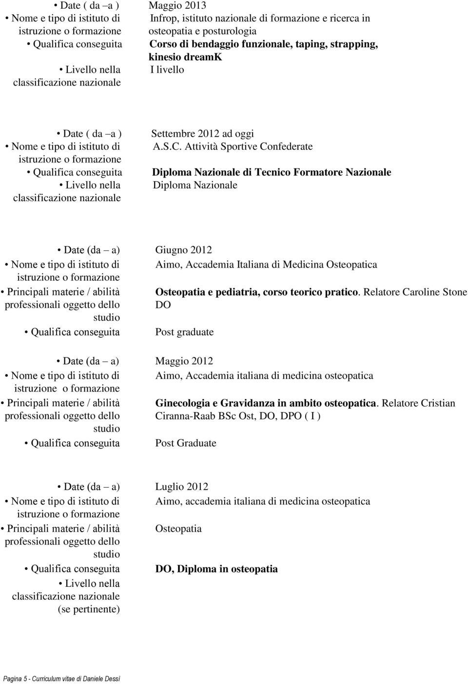 Attività Sportive Confederate Diploma Nazionale di Tecnico Formatore Nazionale Diploma Nazionale Date (da a) Giugno 2012 Aimo, Accademia Italiana di Medicina Osteopatica Principali materie / abilità