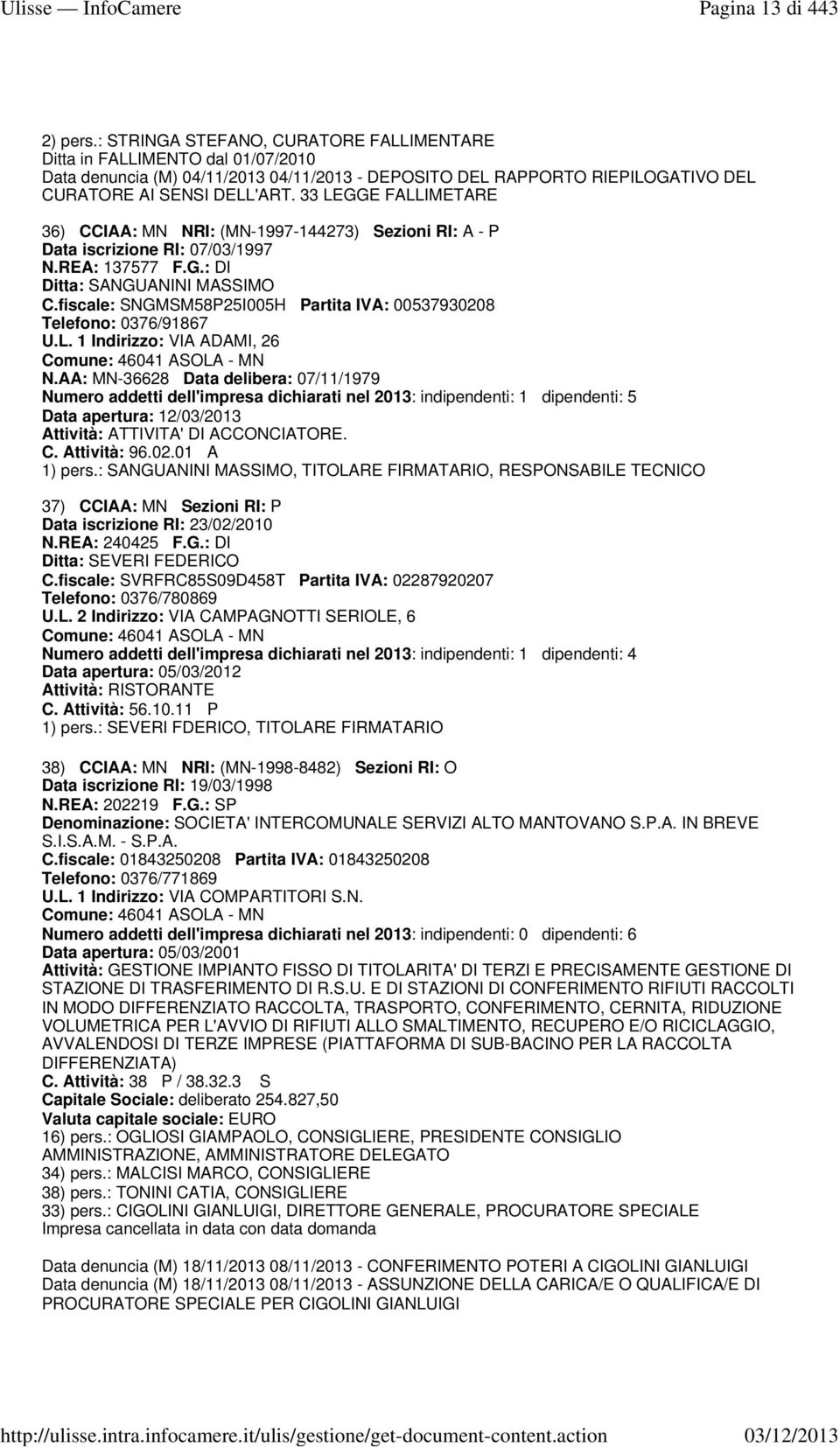 33 LEGGE FALLIMETARE 36) CCIAA: MN NRI: (MN-1997-144273) Sezioni RI: A - P Data iscrizione RI: 07/03/1997 N.REA: 137577 F.G.: DI Ditta: SANGUANINI MASSIMO C.