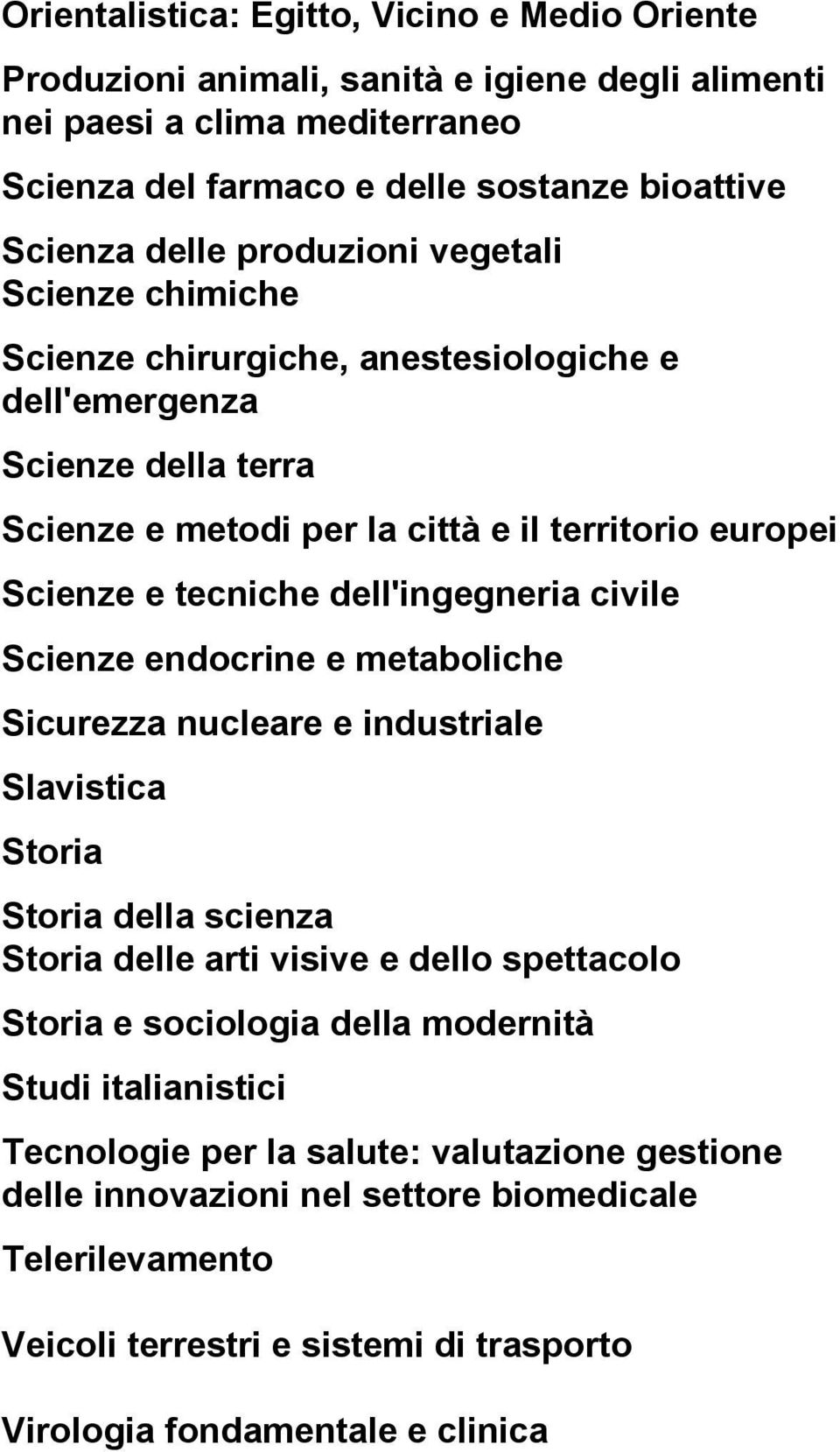 dell'ingegneria civile Scienze endocrine e metaboliche Sicurezza nucleare e industriale Slavistica Storia Storia della scienza Storia delle arti visive e dello spettacolo Storia e sociologia