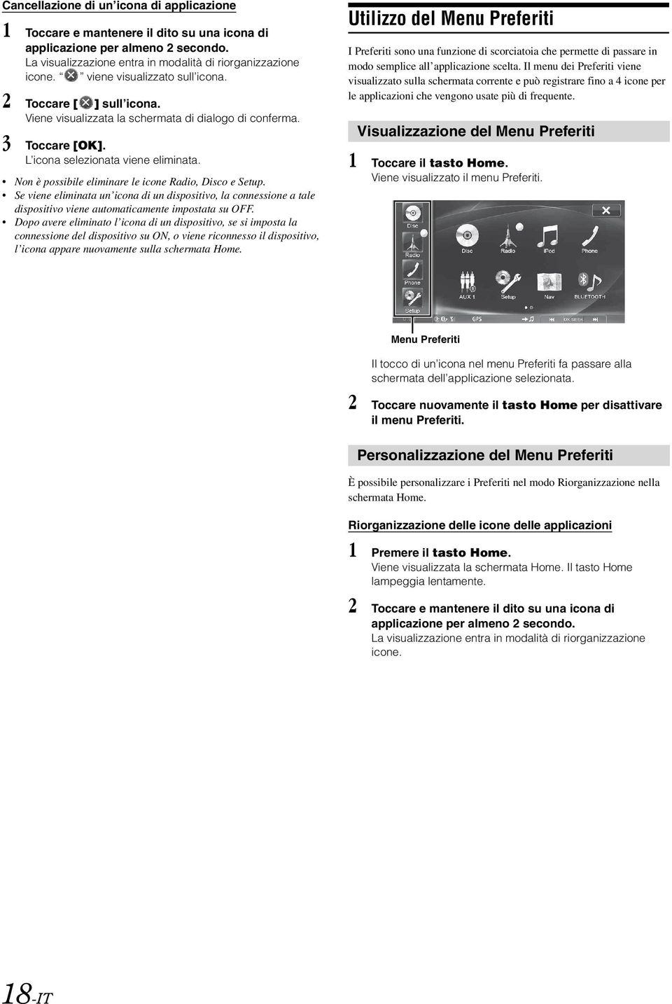 Non è possibile eliminare le icone Radio, Disco e Setup. Se viene eliminata un icona di un dispositivo, la connessione a tale dispositivo viene automaticamente impostata su OFF.